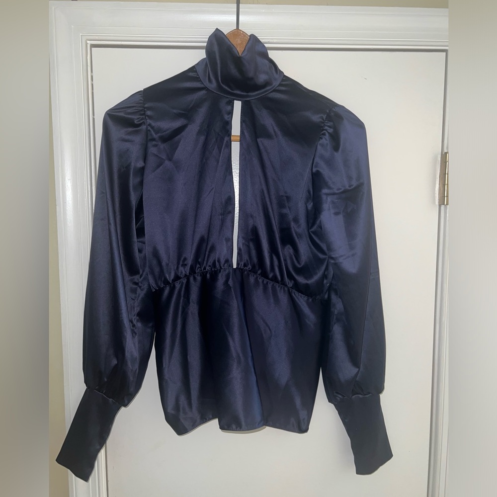 Satin Blue Mock Neck Open Back Boho Boutique Top